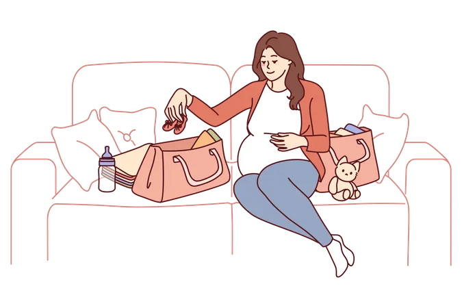 La mujer embarazada está empacando cosas para el feto en una bolsa antes de ir al hospital de maternidad  Ilustración