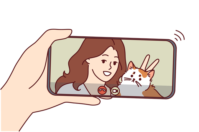 La mujer está charlando por teléfono con su gato en la mano  Ilustración