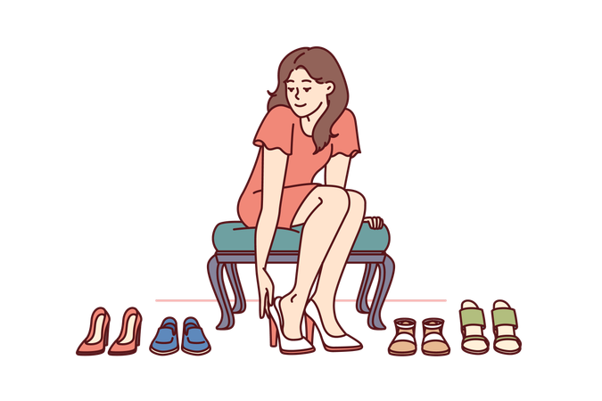 La mujer está comprando calzado nuevo  Illustration