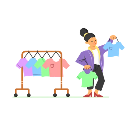 La mujer está eligiendo ropa para comprar.  Ilustración