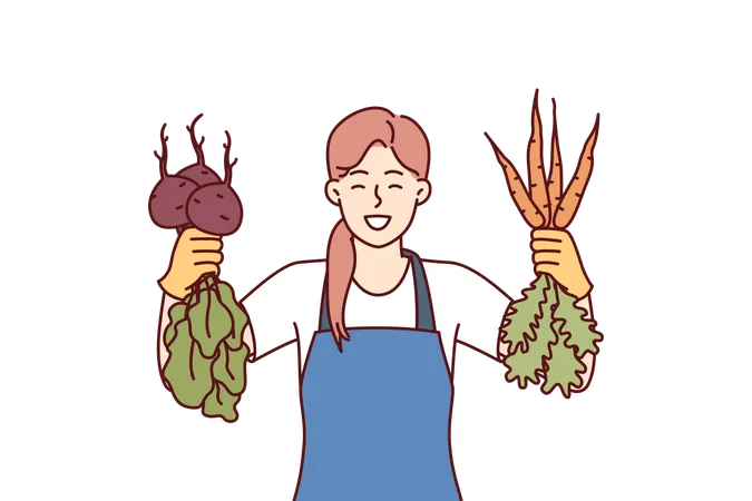 La mujer está contenta con la buena cosecha de remolacha y zanahoria y muestra verduras frescas  Ilustración