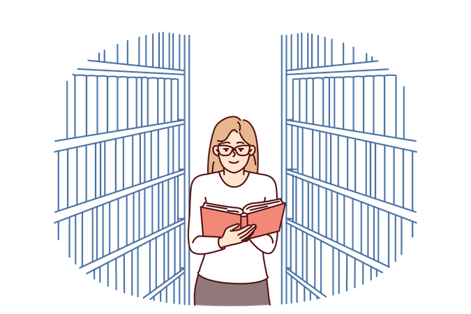 La mujer está leyendo un libro en la biblioteca  Ilustración
