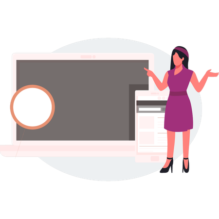 La mujer está mostrando la computadora portátil.  Ilustración