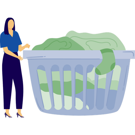 La mujer está poniendo ropa en la cesta.  Ilustración