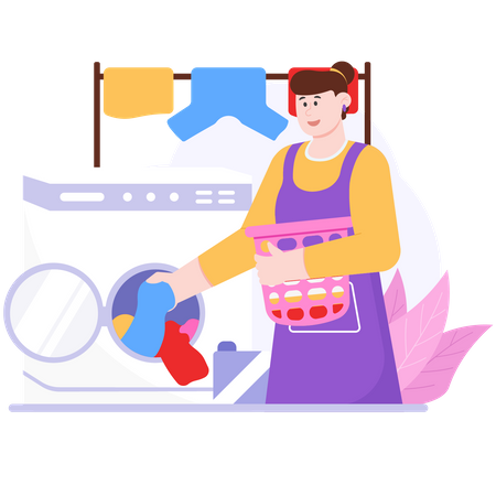 La mujer está poniendo ropa en la lavandería.  Ilustración