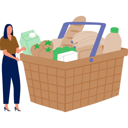 La mujer está señalando la cesta de la compra.  Ilustración