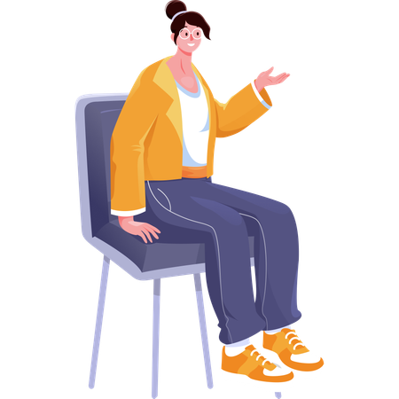 La mujer está sentada y explicando algo.  Ilustración