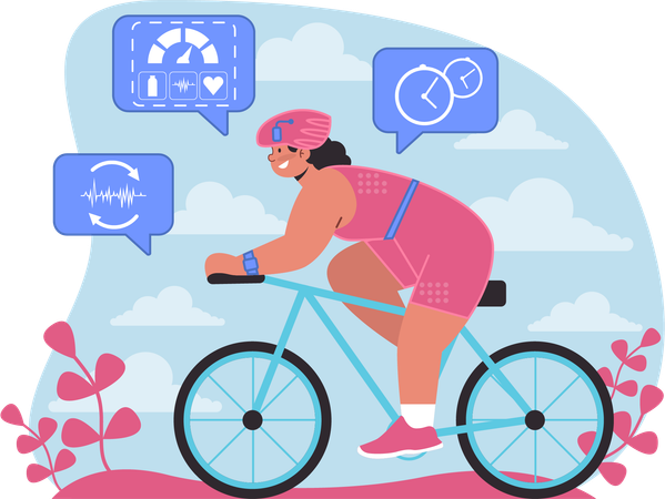 La mujer está siguiendo su bicicleta  Ilustración