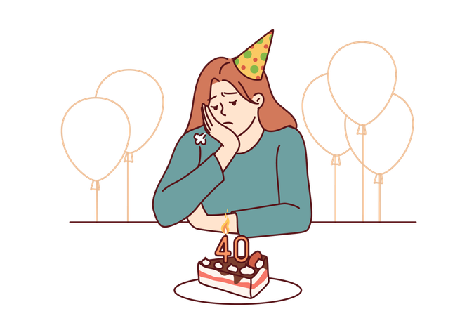 La mujer está triste en su cumpleaños.  Ilustración