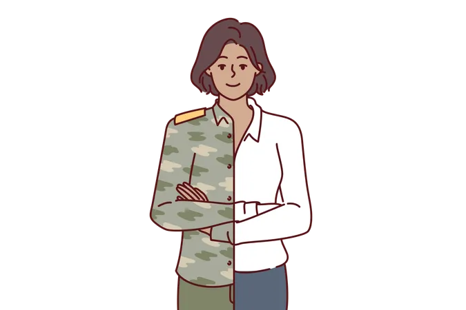 La mujer está vestida con uniforme militar y traje de negocios al mismo tiempo.  Ilustración