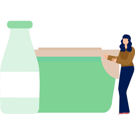 La mujer está explicando la botella de leche.  Ilustración