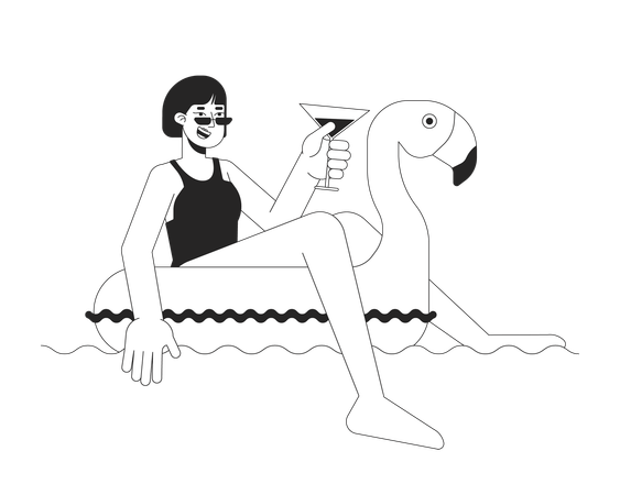 La mujer feliz está disfrutando del flamenco inflable  Ilustración