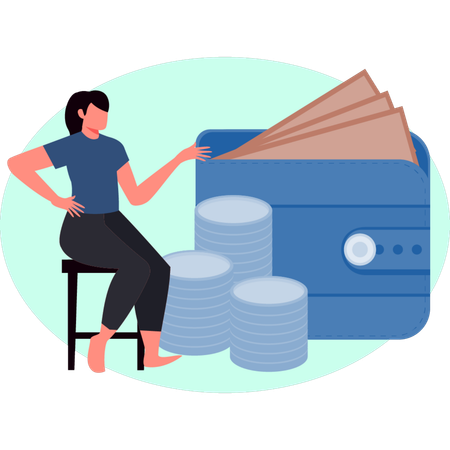 La mujer está mostrando dinero en la billetera.  Ilustración