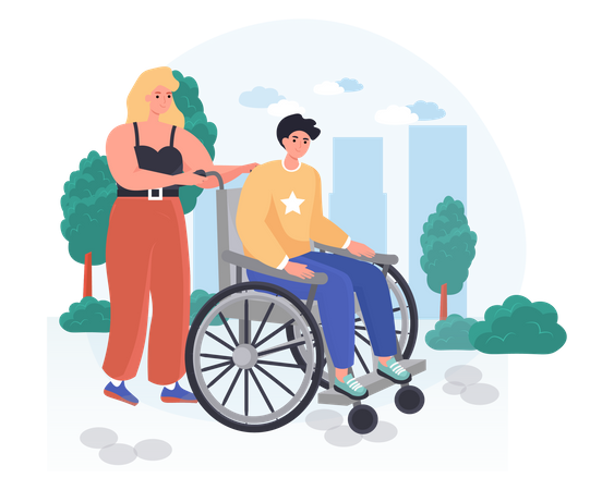 La mujer acompaña al hombre discapacitado hasta el andador.  Ilustración