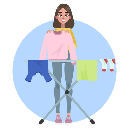 La mujer puso la ropa a secar sobre una cuerda.  Ilustración