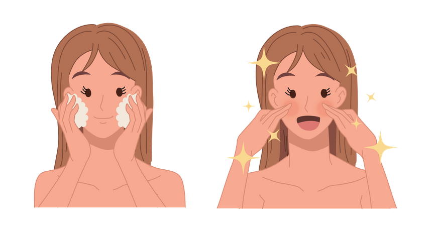 La mujer se lava la cara con un exfoliante facial  Ilustración