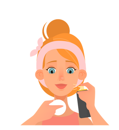 La mujer se preocupa por la belleza facial y aplica tóner.  Ilustración