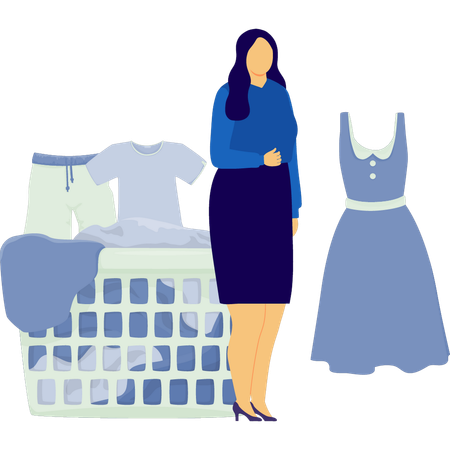 La mujer señala la cesta de la ropa sucia.  Illustration