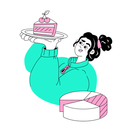 La mujer tomó un trozo de información en un plato.  Ilustración