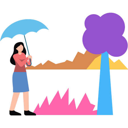 La niña camina con un paraguas.  Ilustración