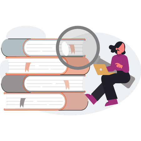 La niña está buscando un libro para leer en línea.  Ilustración