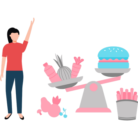 La niña está mirando la báscula de alimentos.  Ilustración