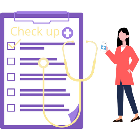 La niña está mirando la lista de verificación médica.  Ilustración
