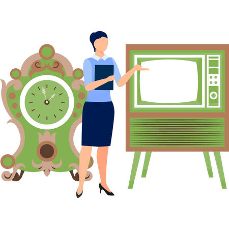 La niña está mostrando la televisión.  Ilustración