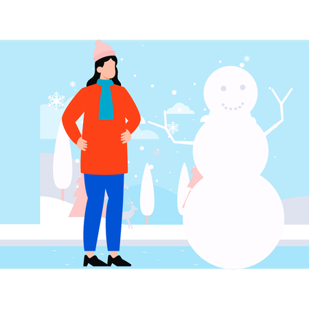 La chica está parada al lado del muñeco de nieve.  Ilustración