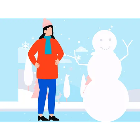 La chica está parada al lado del muñeco de nieve.  Ilustración