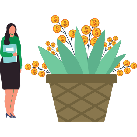 La chica está parada junto a la planta del dólar.  Ilustración