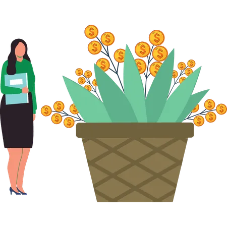 La chica está parada junto a la planta del dólar.  Illustration