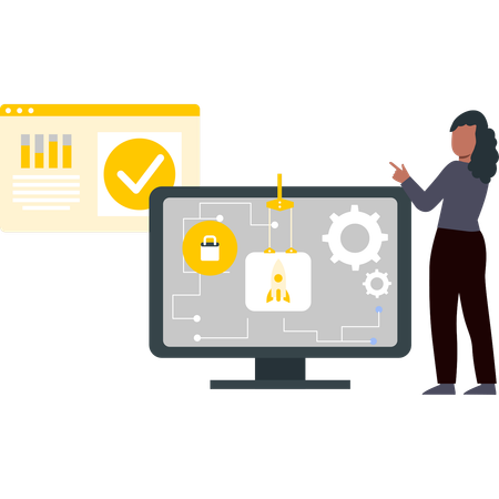 La chica señala la configuración del monitor.  Ilustración