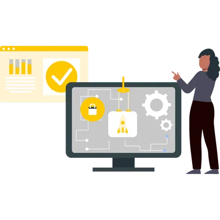 La chica señala la configuración del monitor.  Ilustración