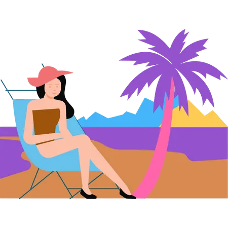 La niña está sentada en una silla en la playa.  Ilustración