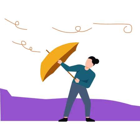 La niña protege su paraguas del fuerte viento.  Ilustración