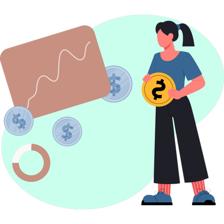 La niña sostiene una moneda de dólar.  Ilustración