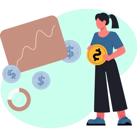 La niña sostiene una moneda de dólar.  Ilustración