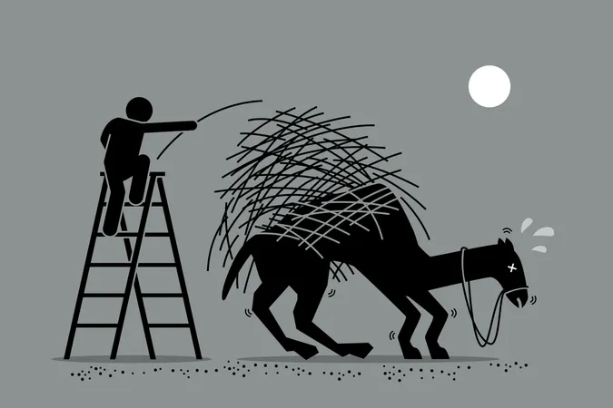 La obra de arte vectorial muestra a un hombre colocando una pajita en el lomo de un camello ya sobrecargado. El concepto representa exceso de trabajo, presión y un evento final tolerable.  Ilustración