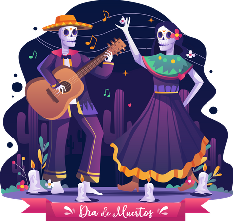 La pareja celebrando la fiesta mexicana de Halloween  Ilustración