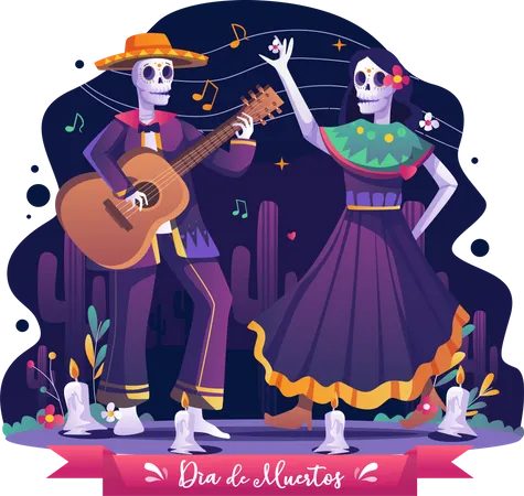 La pareja celebrando la fiesta mexicana de Halloween  Ilustración