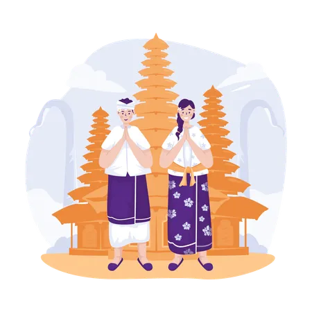 Una pareja da la bienvenida al día balinés Nyepi  Ilustración