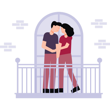 La pareja está parada en el balcón.  Ilustración