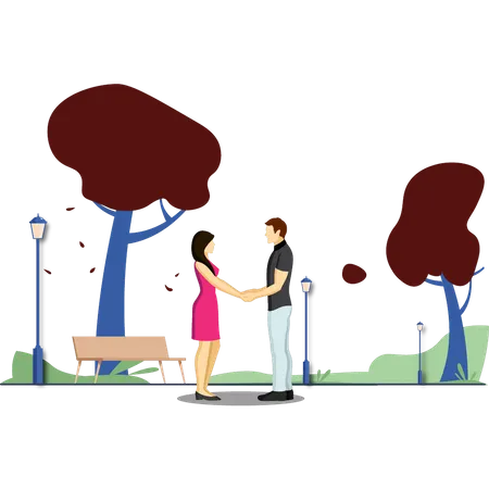 La pareja está parada en un parque y tomándose de la mano.  Ilustración