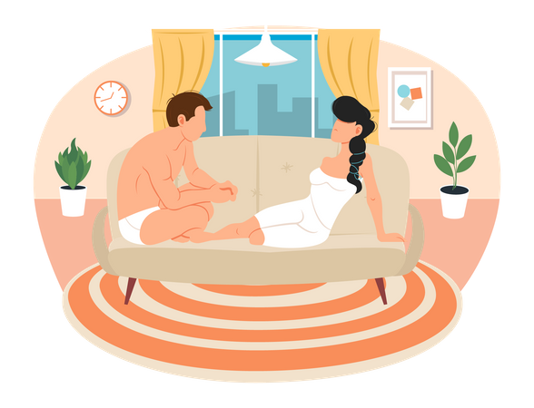 La pareja está sentada en el sofá y relajándose  Ilustración
