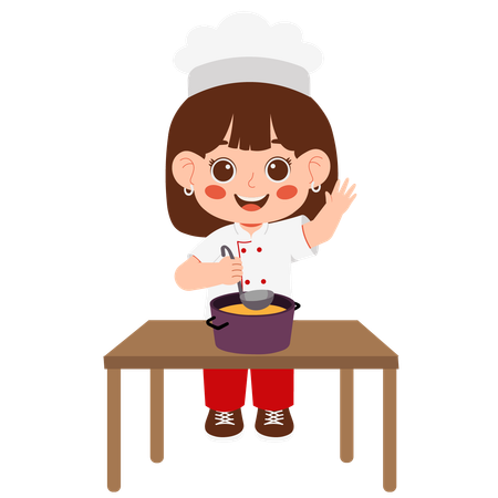 La pequeña chef revuelve la sopa  Ilustración