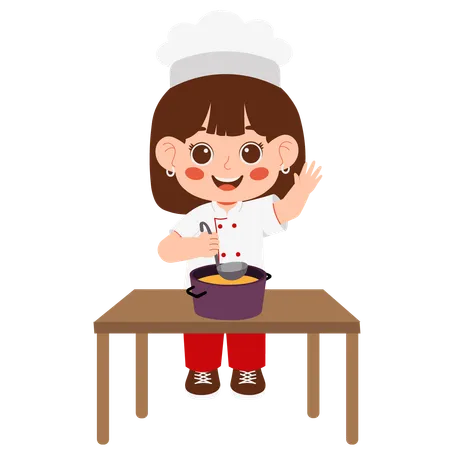 La pequeña chef revuelve la sopa  Ilustración