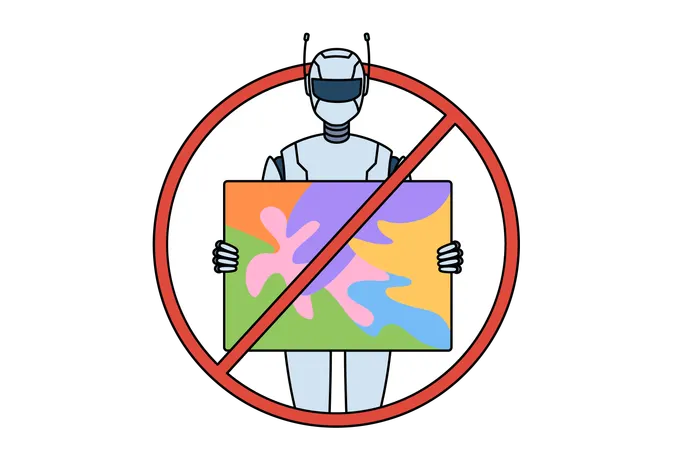 La prohibición del uso de IA en el arte se muestra con un cartel con un robot tachado sosteniendo una obra de arte.  Ilustración
