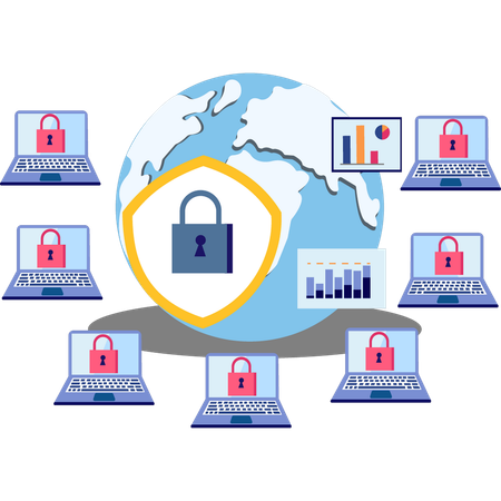 La seguridad global se muestra en la computadora portátil de la cuenta de usuario  Ilustración