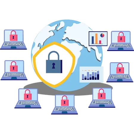 La seguridad global se muestra en la computadora portátil de la cuenta de usuario  Ilustración